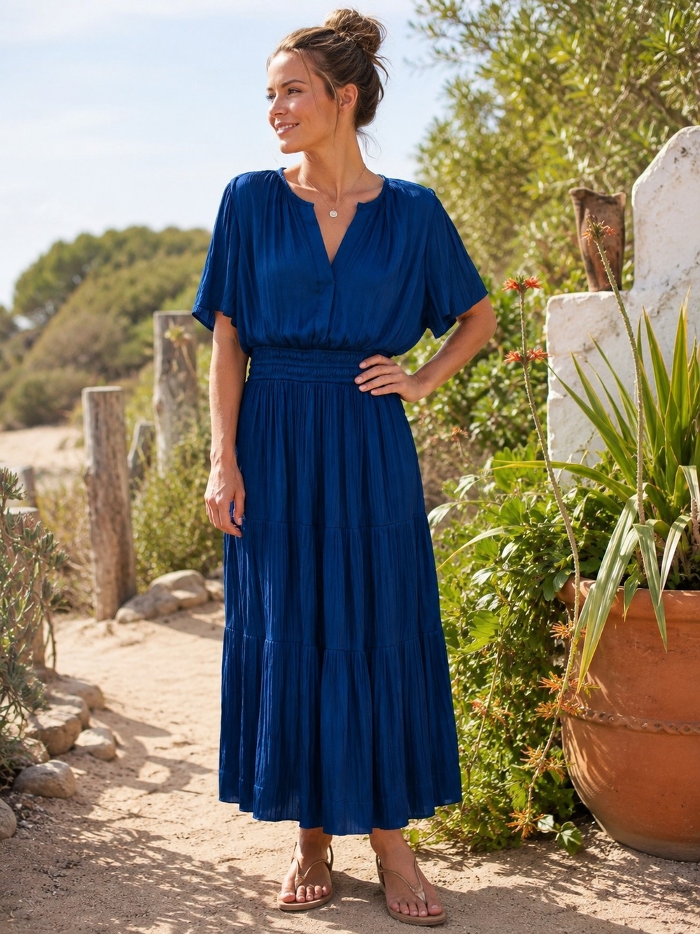 Joie Navy Blue Smocked Waist Tiered Midi Dress Size Large Boho Flowy